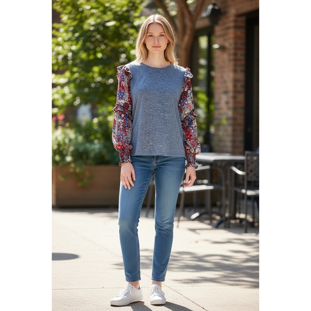 Blue Heathered Knit Bohemian‎ Top with Floral Ruffle Contrast Sleeves XL